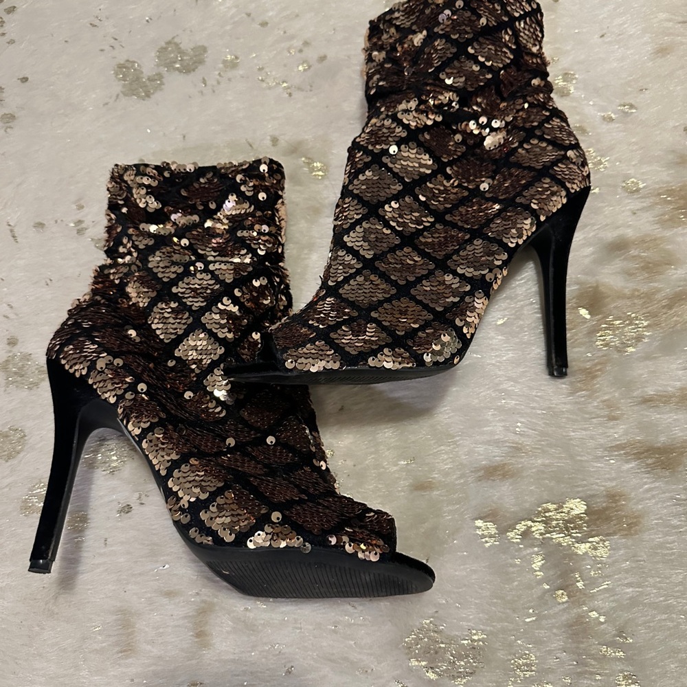 Black & Gold Sequin Peep Toe Bootie